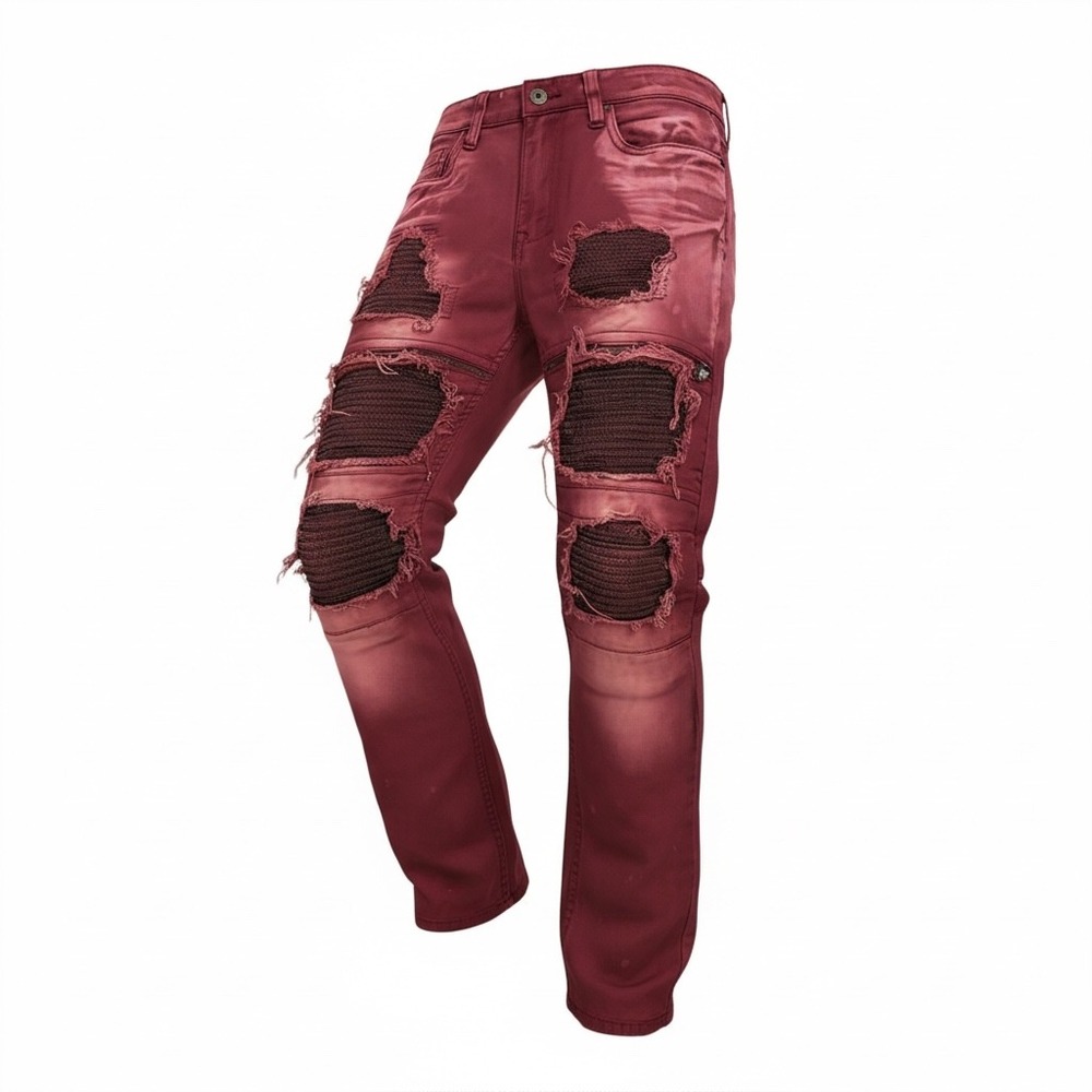 SMOKE RISE Mens Burgundy Distressed‎ Moto Jeans Size 32x30 Biker Style